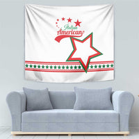 White tapestry with Italian American text and red-and-green star graphic across the center
