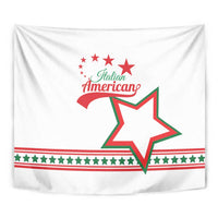 White tapestry closeup of Italian American text, red stars, and green-edged red star