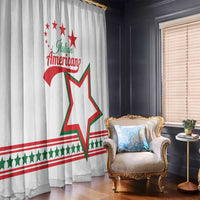 White curtain panel with Italian American star emblem and red green border stripes