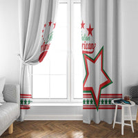 White curtain panels with Italian American star graphic and striped trim at bottom