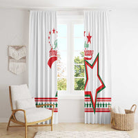 White window curtain panels with Italian American star motif and red green stripe hem