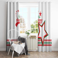 White curtain panels with Italian American star and ribbon stripe graphic