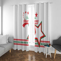 White curtain panels with Italian American star emblem, stars at top, and striped hem