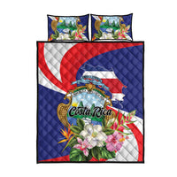 Costa Rica quilt bed set with two square pillow shams, blue red white floral graphic