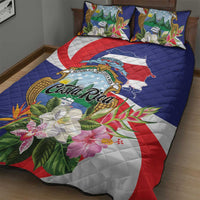 Blue quilt bed set with two pillow shams, Costa Rica map and flowers design