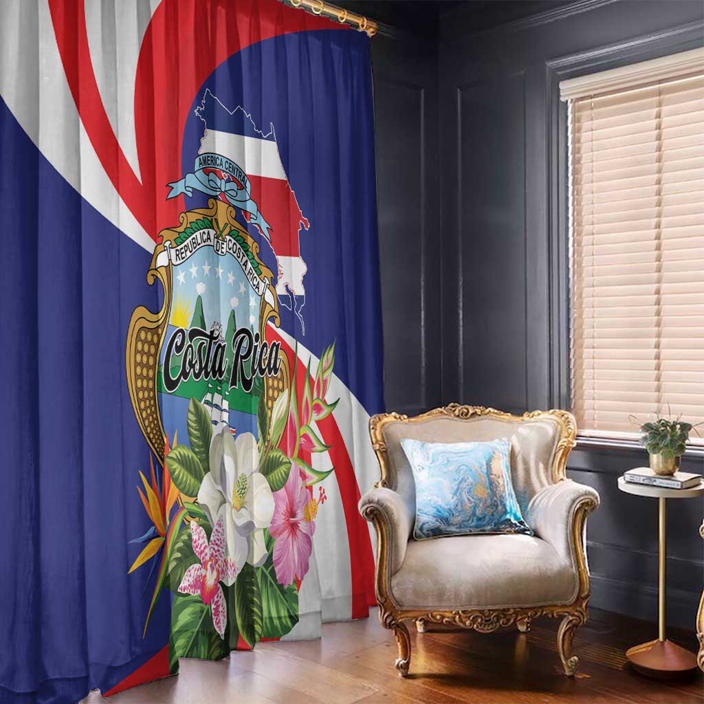 Tropical Costa Rica print window curtain, blue red white with shield and flowers