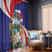 Tropical Costa Rica print window curtain, blue red white with shield and flowers