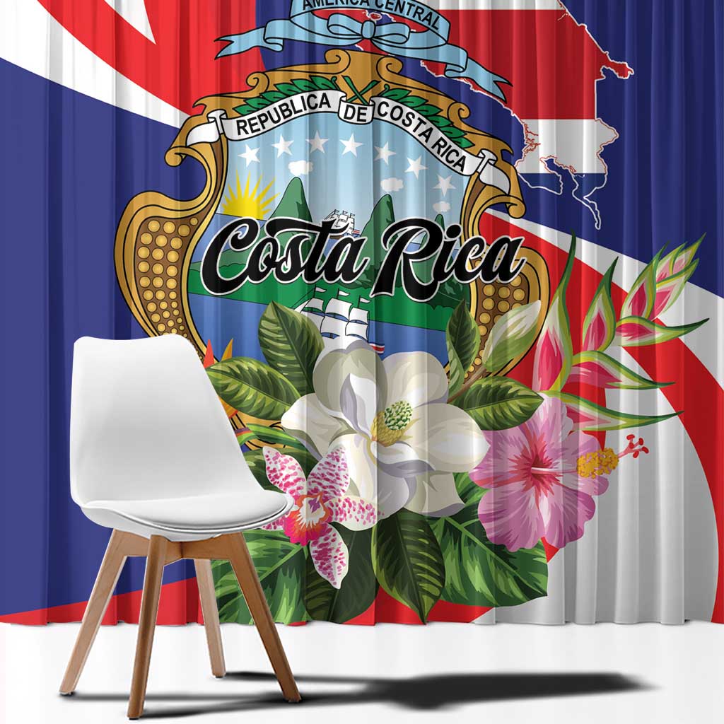 Tropical Costa Rica print curtain panel with large shield, flowers, and bold stripes