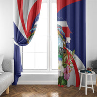 Tropical Costa Rica print window curtains, blue red white, floral and shield motifs