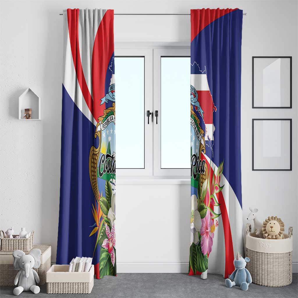 Tropical Costa Rica print window curtains in blue red white with tropical flowers