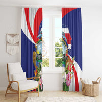 Tropical Costa Rica print curtains, blue red white panels with floral crest artwork