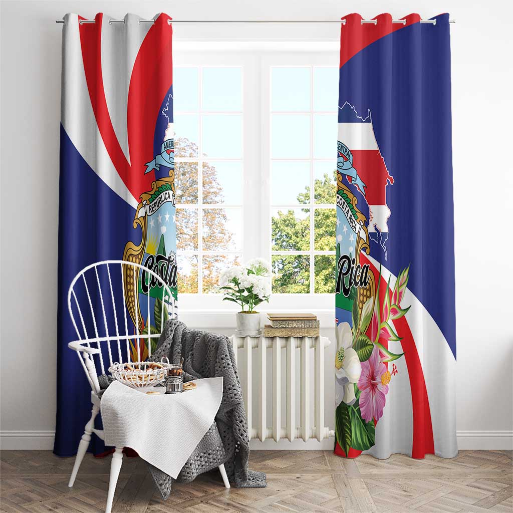 Tropical Costa Rica print window curtains, blue and red with flowers and shield crest
