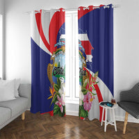 Tropical Costa Rica print curtains with blue red white design, flowers and stripes