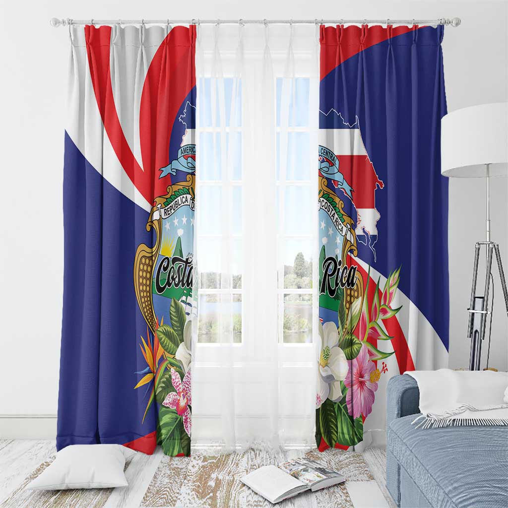 Tropical Costa Rica print window curtains, blue red white shield and floral pattern