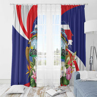 Tropical Costa Rica print window curtains, blue red white shield and floral pattern