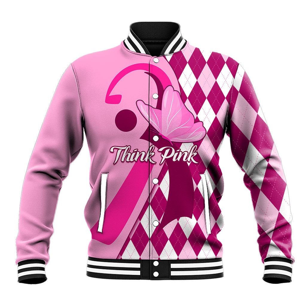 Pink baseball jacket with argyle patterned panels, striped collar, cuffs, and hem