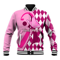 Pink baseball jacket with argyle patterned panels, striped collar, cuffs, and hem