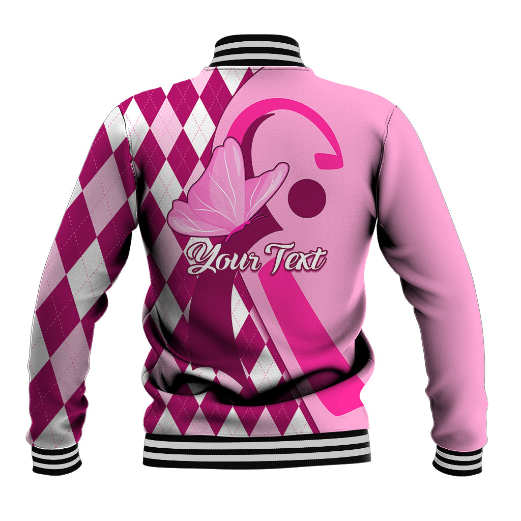 Pink back baseball jacket with argyle diamonds and umbrella heart graphic, striped cuffs
