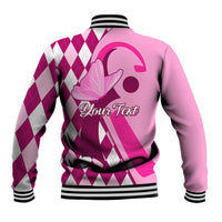 Pink back baseball jacket with argyle diamonds and umbrella heart graphic, striped cuffs