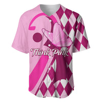 Pink baseball jersey with button placket, argyle panels, Think Pink breast cancer design