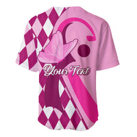Pink baseball jersey with argyle back panel and Your Text breast cancer ribbon design
