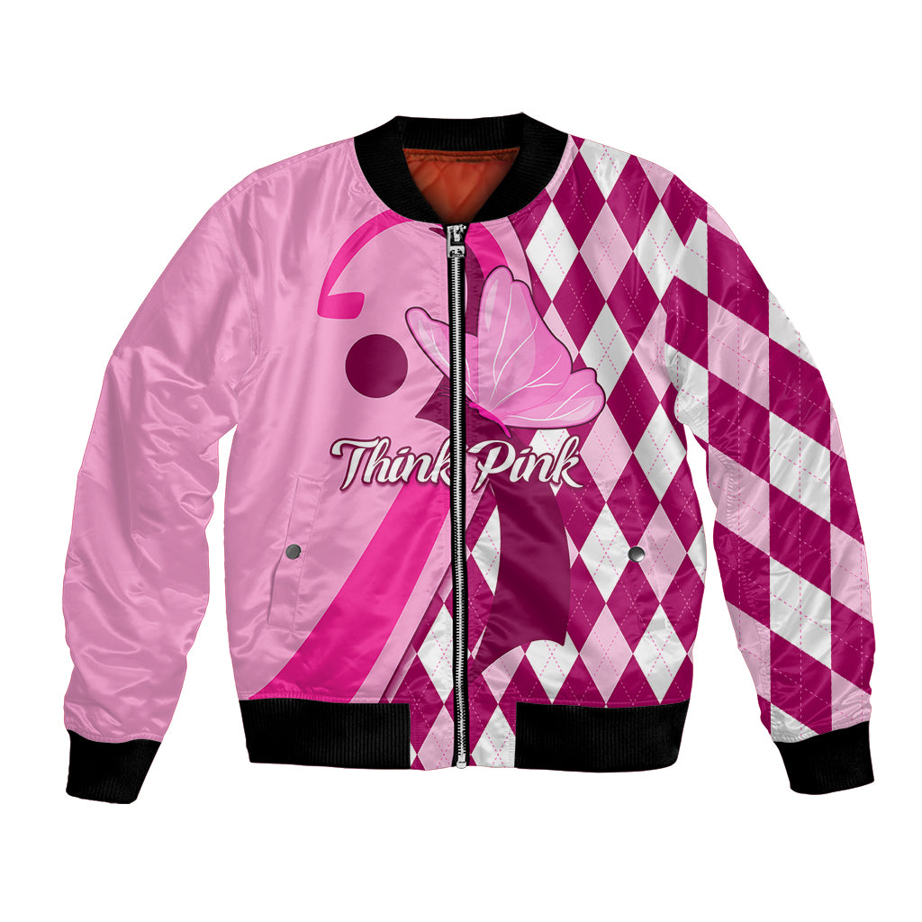 Pink bomber jacket with zip front, black ribbed cuffs, Think Pink patch and argyle sleeves