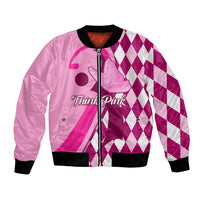 Pink bomber jacket with zip front, black ribbed cuffs, Think Pink patch and argyle sleeves