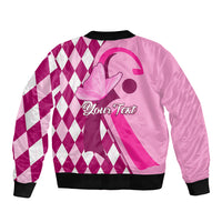 Pink bomber jacket back with argyle diamonds and 'Your Text' graphic, zip front