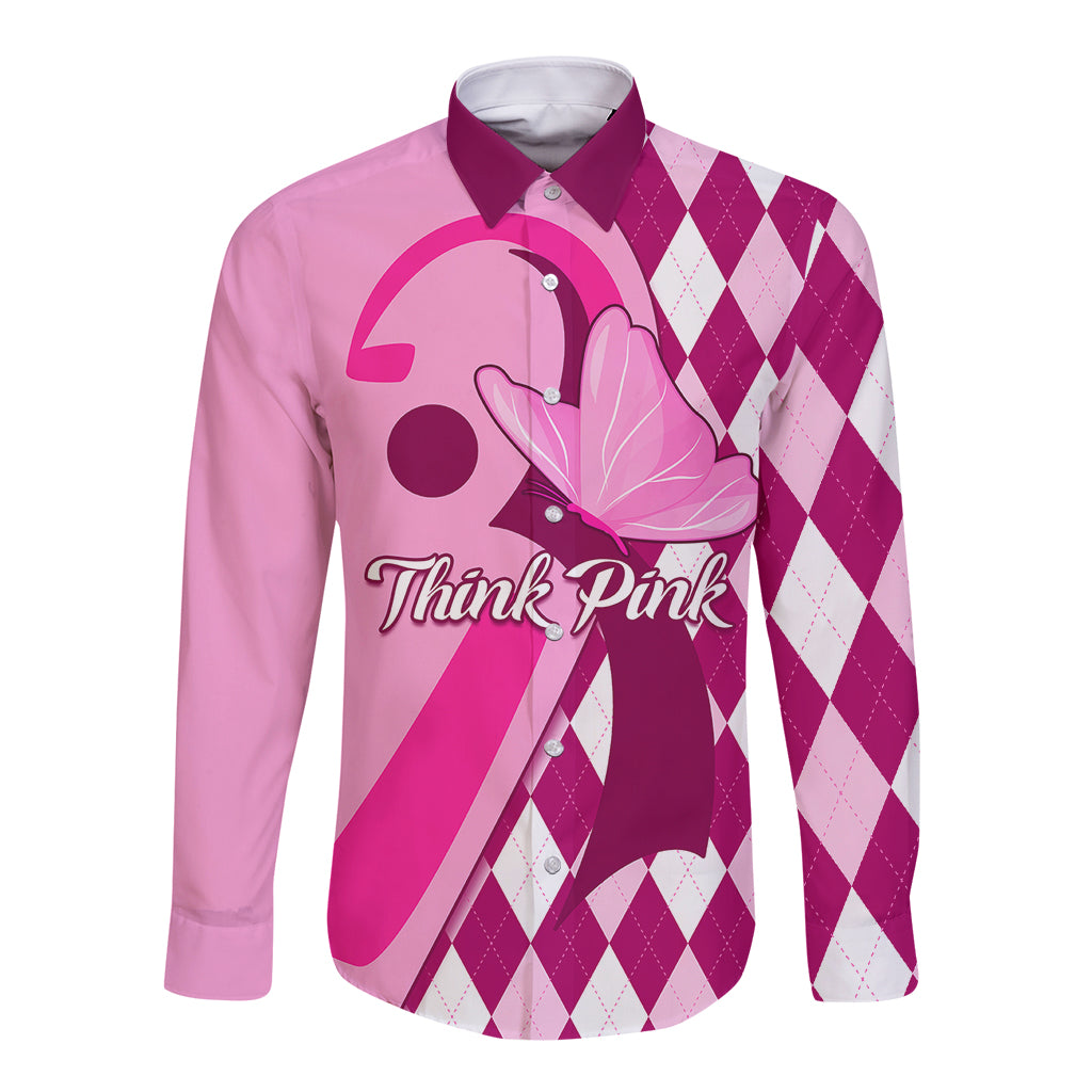Pink long-sleeve button shirt with pink argyle panels and Think Pink graphic