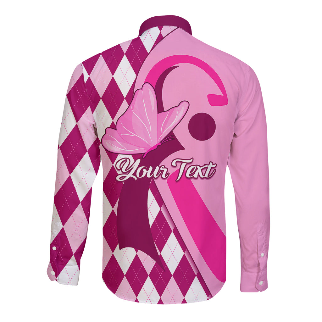 Pink long-sleeve button shirt with back argyle design and 'Your Text' personalization
