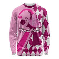 Pink long-sleeve golf shirt with argyle diamonds and Think Pink breast cancer graphic