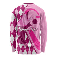 Pink long-sleeve golf shirt, back with Your Text and argyle diamond pattern graphic