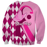 Pink sweatshirt with argyle pattern, pink ribbon graphic and Your Text on back
