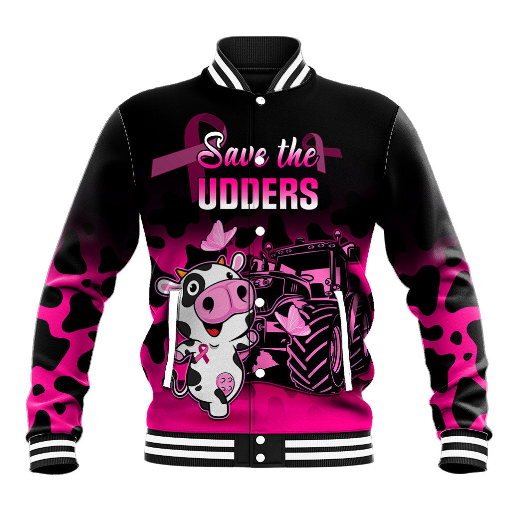 Black baseball jacket with pink cow graphic, varsity stripes at collar and cuffs