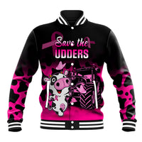 Black baseball jacket with pink cow graphic, varsity stripes at collar and cuffs