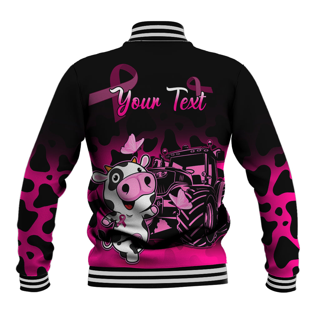 Black baseball jacket back with pink “Your Text” and cow graphic, striped collar