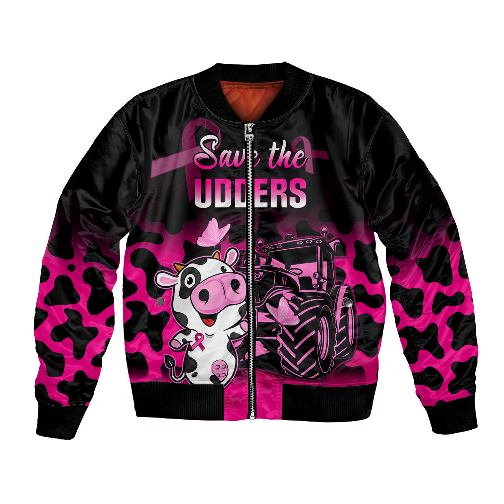 Pink-and-black bomber jacket with zip front; cow/tractor graphic; 'Save the Udders' text