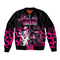 Pink-and-black bomber jacket with zip front; cow/tractor graphic; 'Save the Udders' text