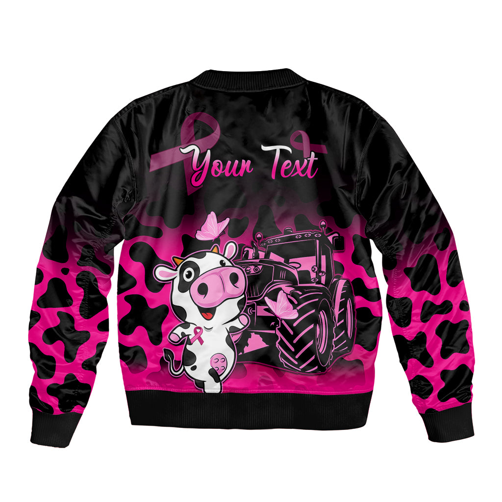 Pink-and-black bomber jacket back with 'Your Text' and cow/tractor graphic, ribbed hem