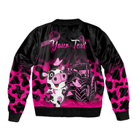 Pink-and-black bomber jacket back with 'Your Text' and cow/tractor graphic, ribbed hem