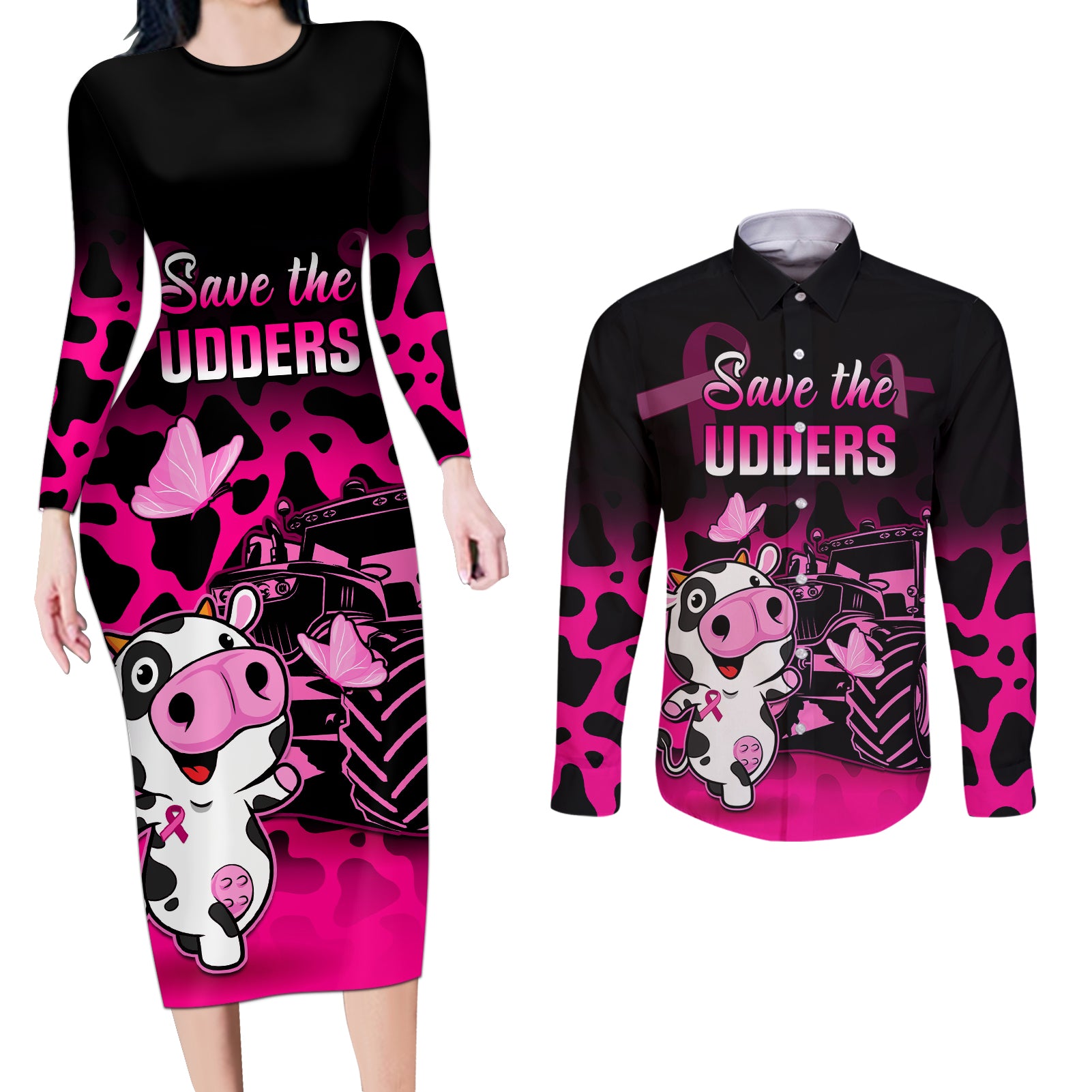 Personalised Save The Udders Couples Matching Long Sleeve Bodycon Dress and Long Sleeve Button Shirts Farmer Day Breast Cancer Awareness - Wonder Print Shop