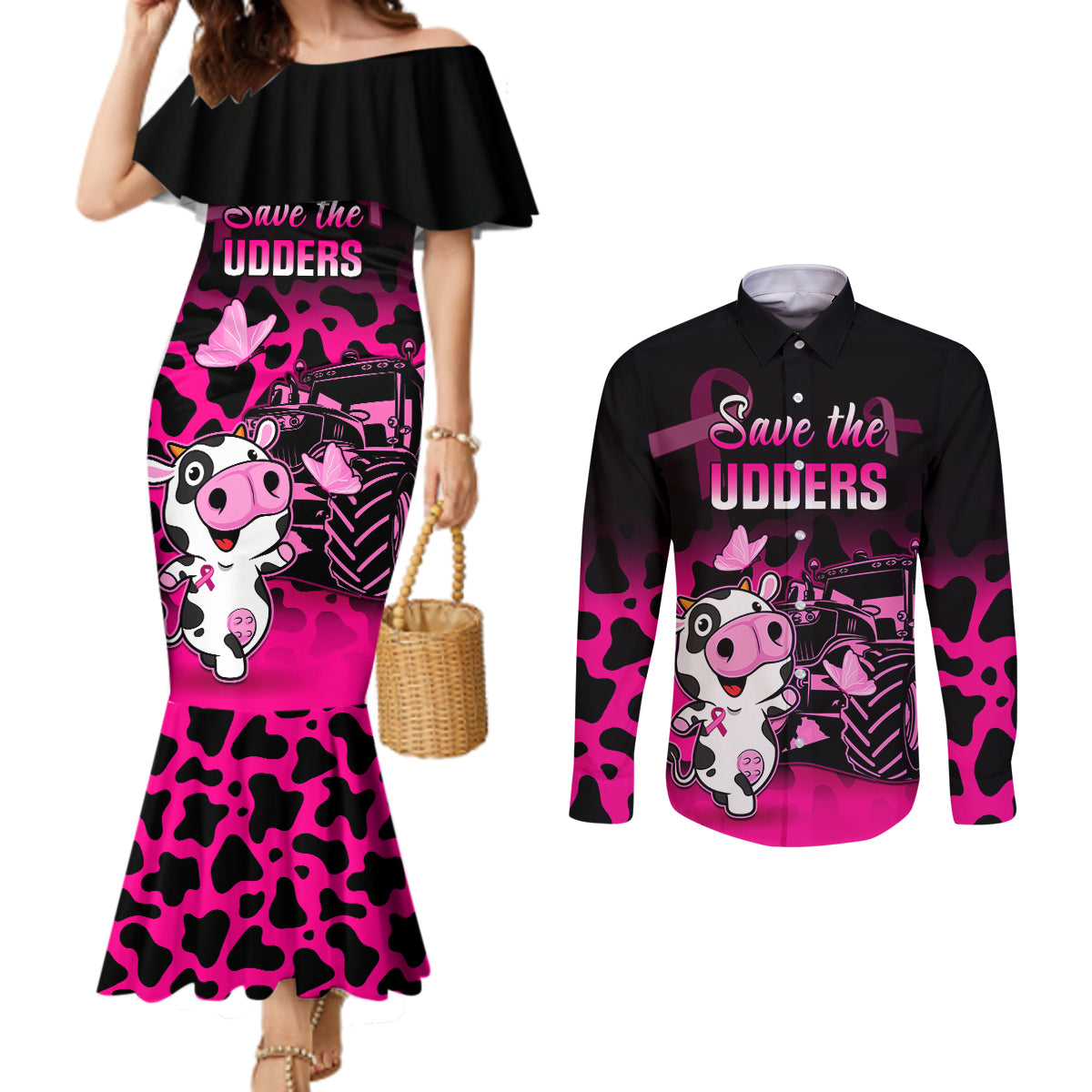 personalised-save-the-udders-couples-matching-mermaid-dress-and-long-sleeve-button-shirts-farmer-day-breast-cancer-awareness