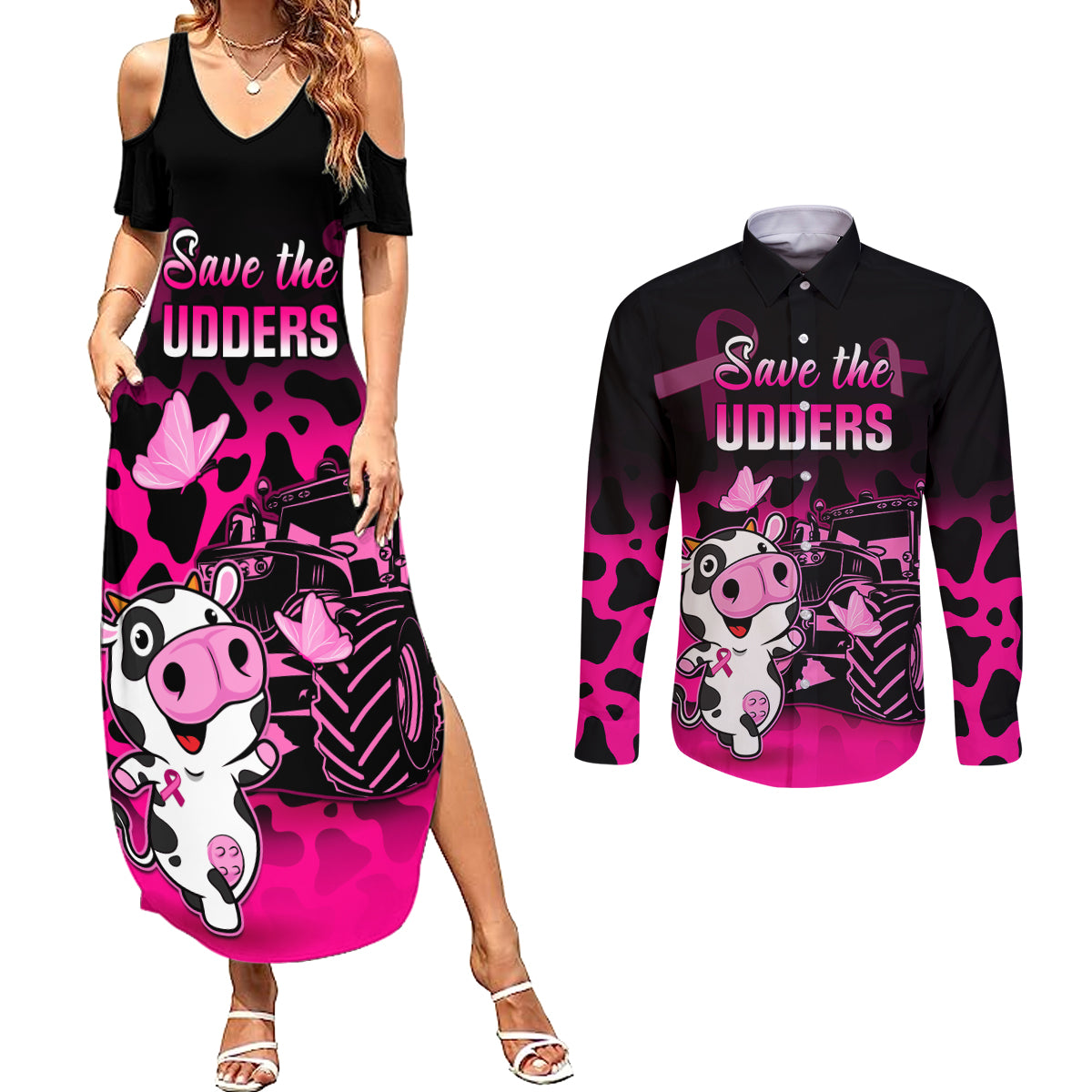 Personalised Save The Udders Couples Matching Summer Maxi Dress and Long Sleeve Button Shirts Farmer Day Breast Cancer Awareness - Wonder Print Shop