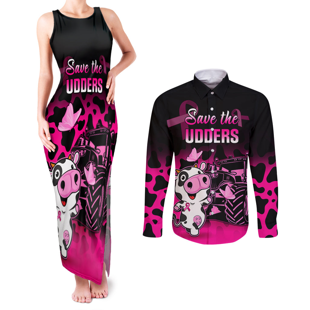 Personalised Save The Udders Couples Matching Tank Maxi Dress and Long Sleeve Button Shirts Farmer Day Breast Cancer Awareness - Wonder Print Shop