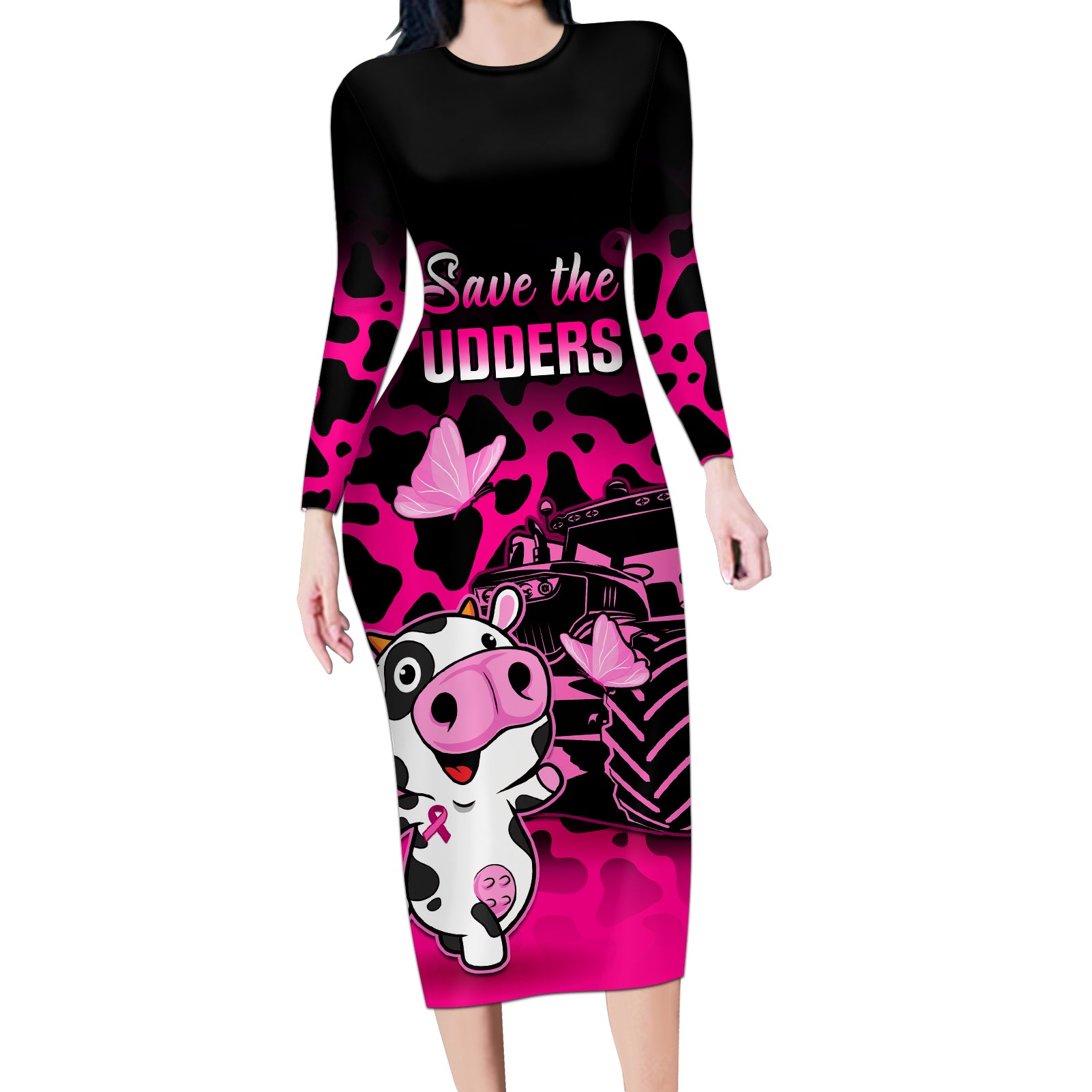 Personalised Save The Udders Long Sleeve Bodycon Dress Farmer Day Breast Cancer Awareness - Wonder Print Shop