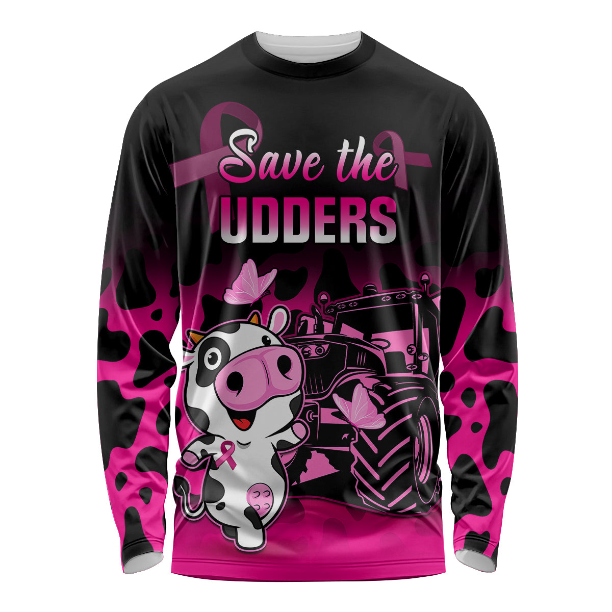 Unisex black long-sleeve shirt with pink Save the Udders graphic and cow print