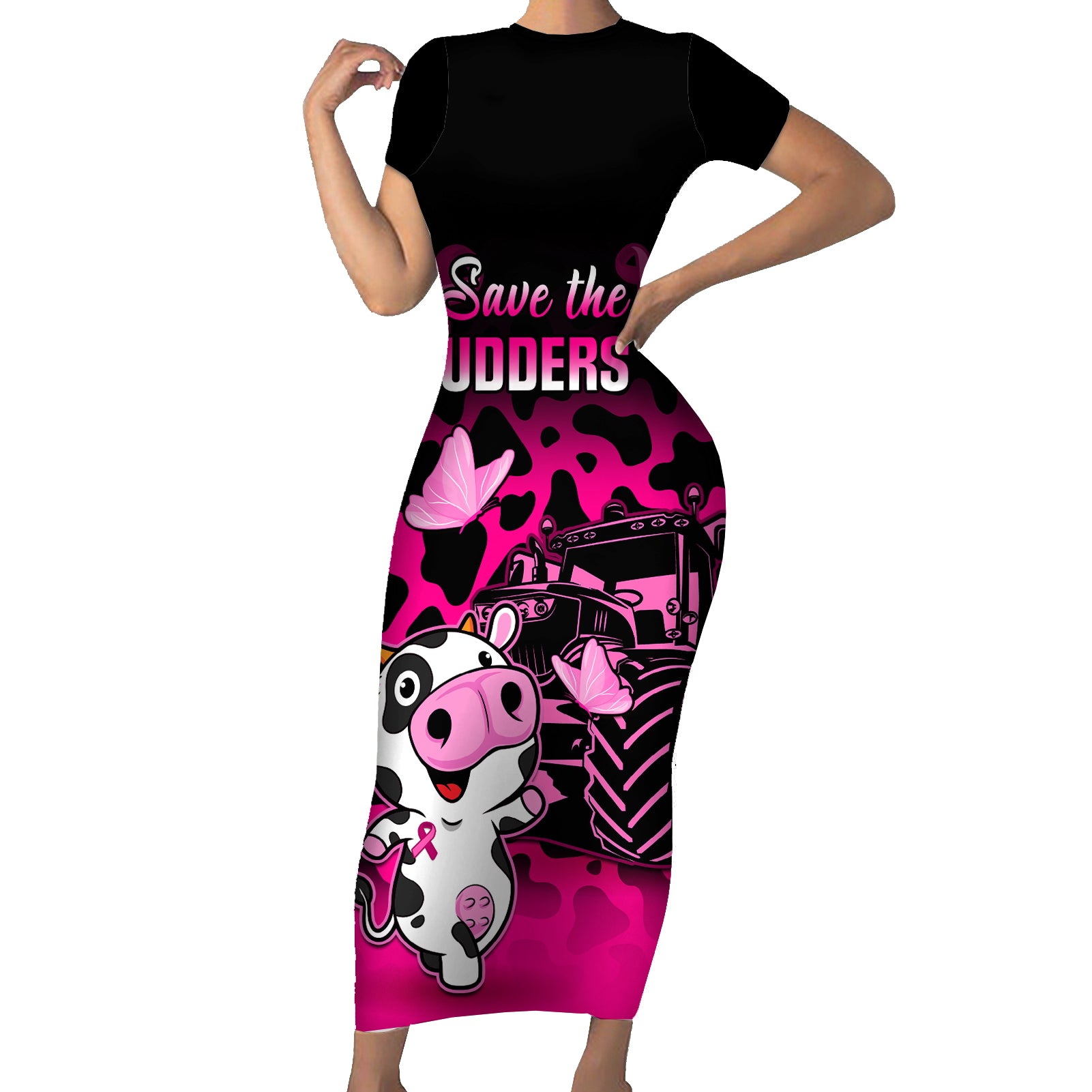 personalised-save-the-udders-short-sleeve-bodycon-dress-farmer-day-breast-cancer-awareness