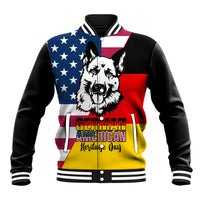 Unisex black baseball jacket with German-American flag panels and German shepherd graphic