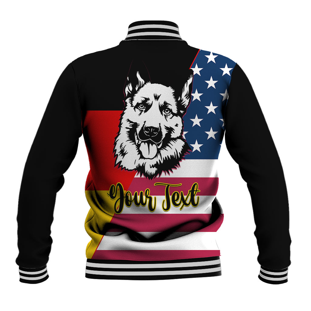 Unisex black baseball jacket, rear view, German shepherd graphic with "Your Text"