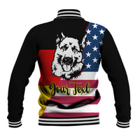 Unisex black baseball jacket, rear view, German shepherd graphic with "Your Text"